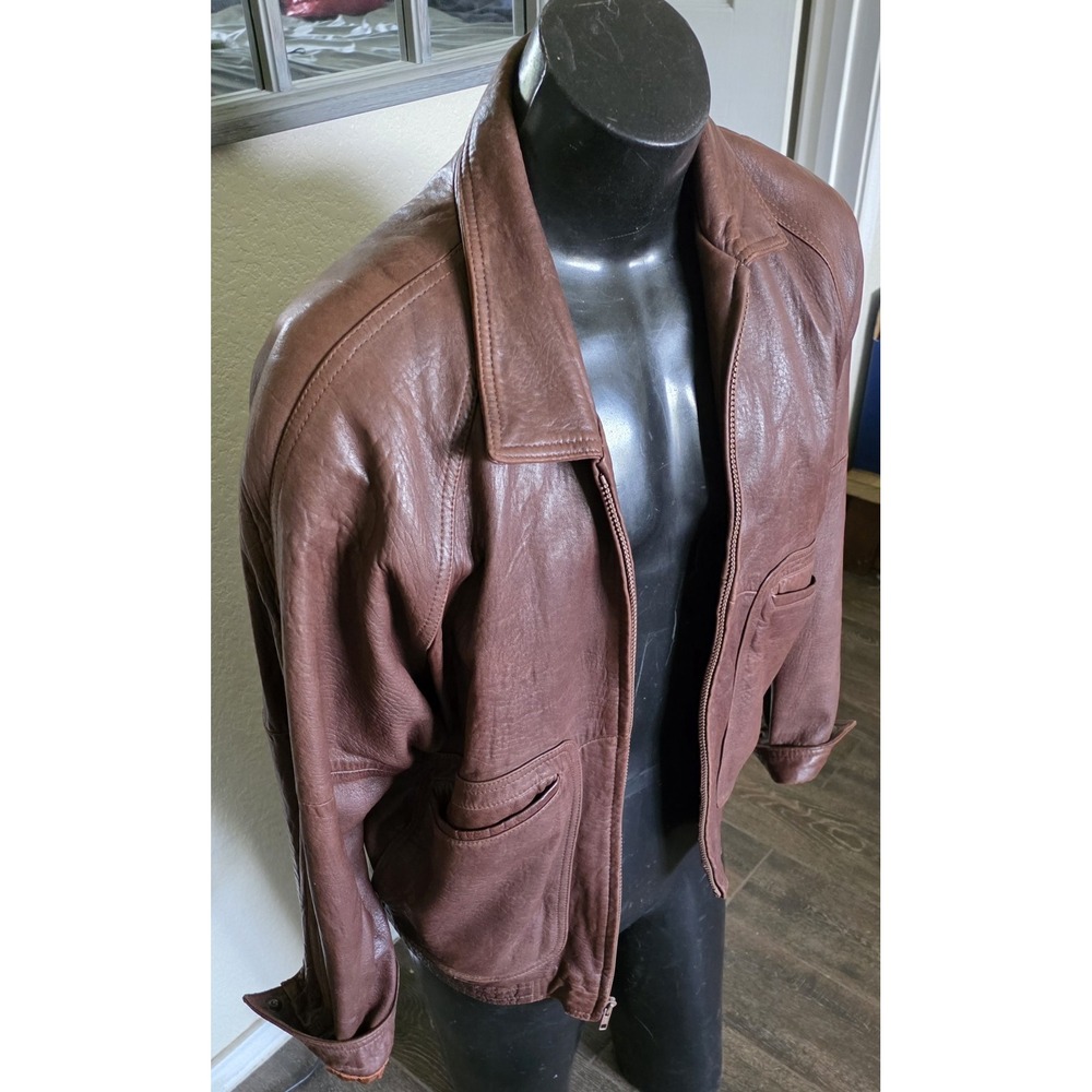 Remy Mens Brown Leather Bomber Jacket Size 42 Made in USA Full Zip Flight Coat